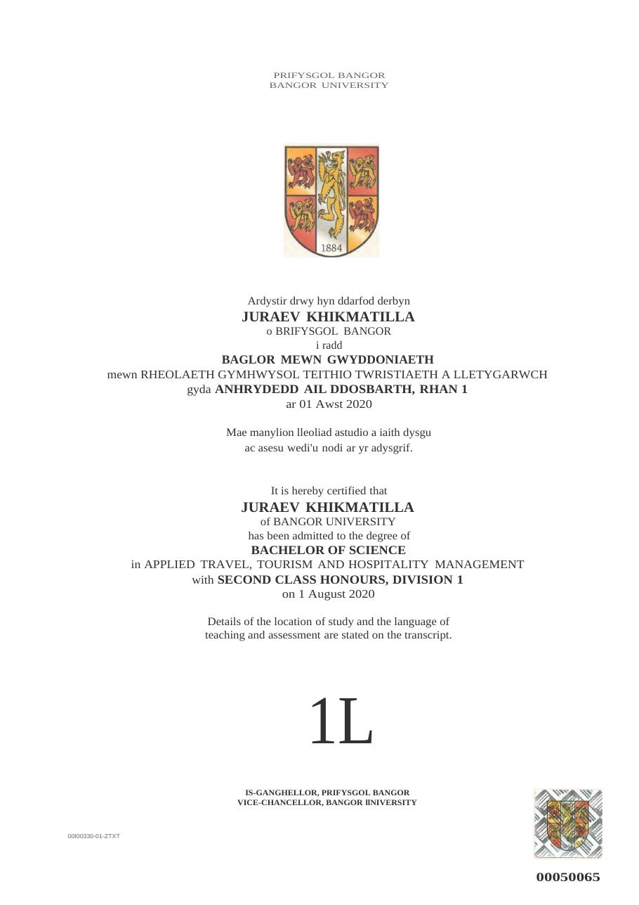 Bangor University BSc Applied Travel, Tourism and Hospitality Management diploma — Juraev Khikmatilla