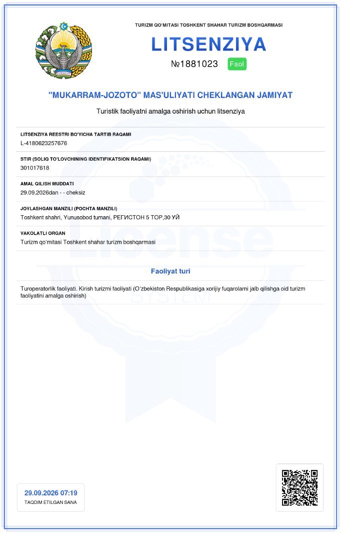 Tour operator licence No. 1881023 issued by Tashkent City Tourism Department