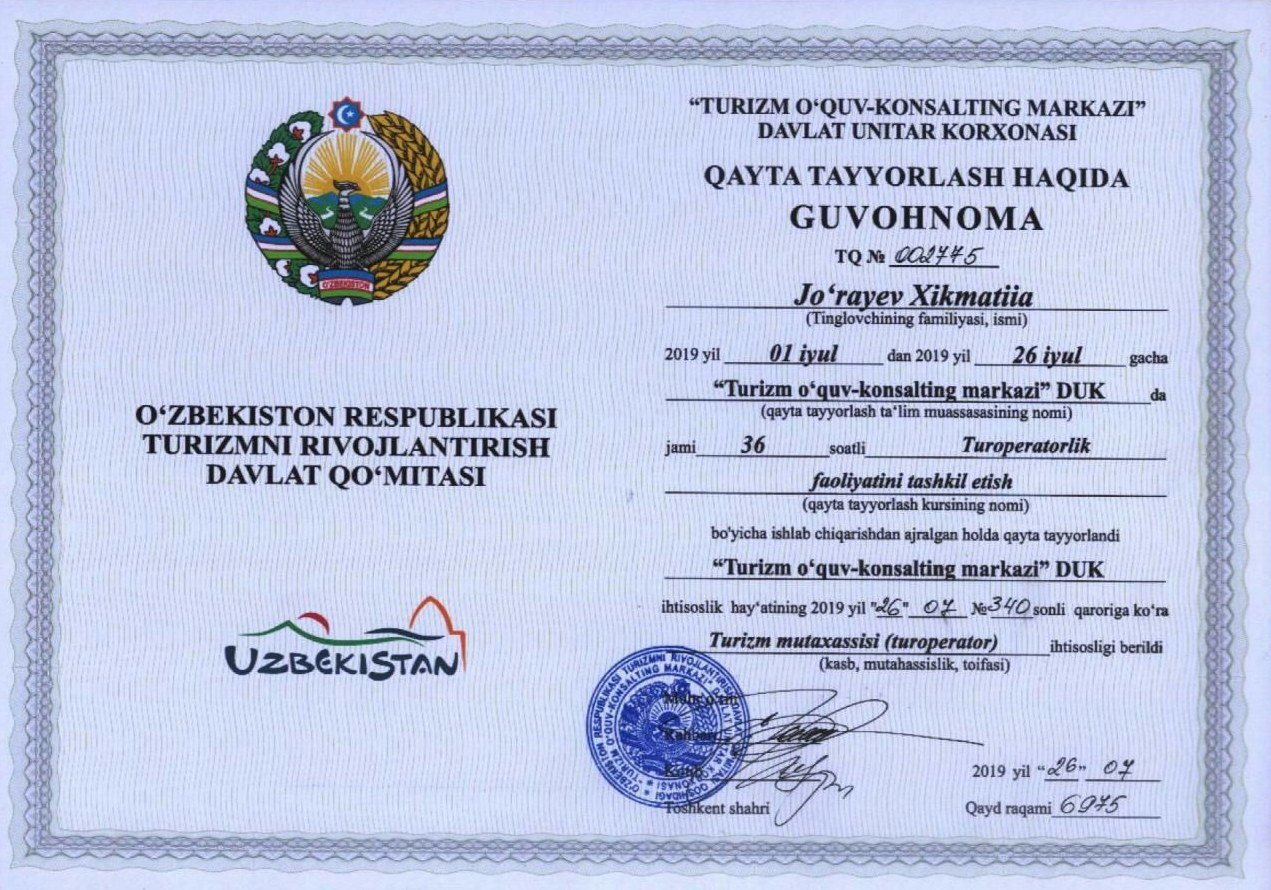 Tourism Specialist (Tour Operator) certificate TQ 002745 — Uzbekistan Tourism Training & Consulting Centre